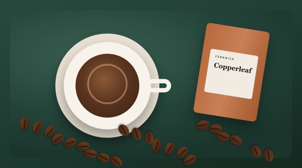 A cup of coffee on its saucer beside a bag of Copperleaf and scattered beans